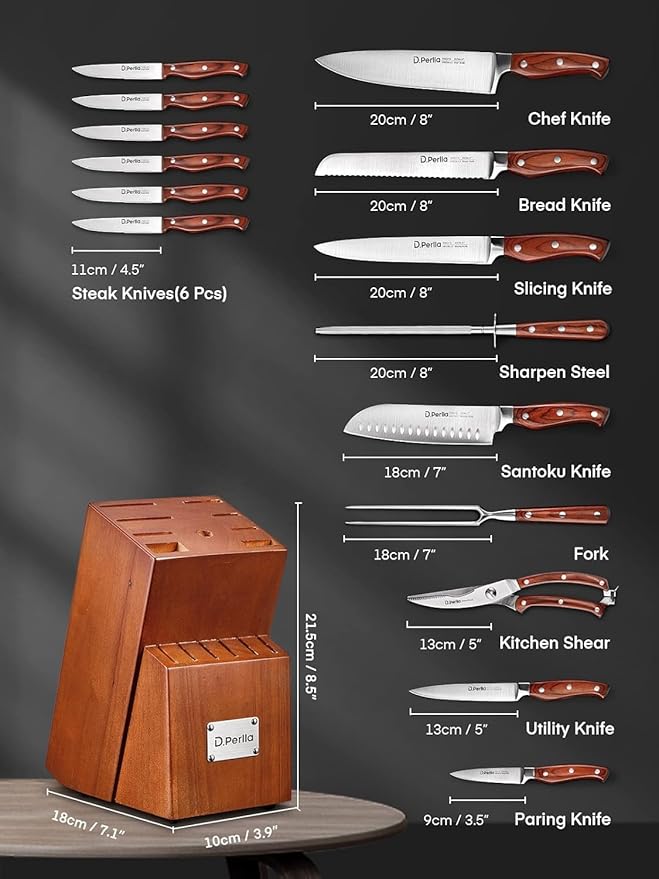 Kitchen Knife Set, 16 Pcs Stainless Steel Knife Block Set with Wood Handle