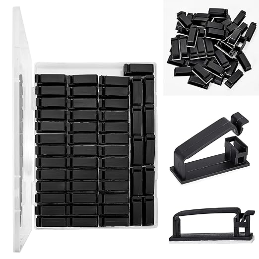 50Pcs Self Adhesive Cable Management Clips,Cable Organizers Wire Clips Cord Holder for PC Laptop Ethernet Cable Desktop Home Office(1.52’’ x 0.59’’ x 0.57’’, Black)