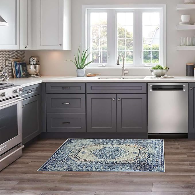 Easy-Going Boho Area Rug 2x3 Washable Entryway Rugs Front Door Mat Indoor Entrance Non-Slip Vintage Distressed Small Entry Rug for Living Room Kitchen Bathroom Office Lightweight Carpet, Blue Cream