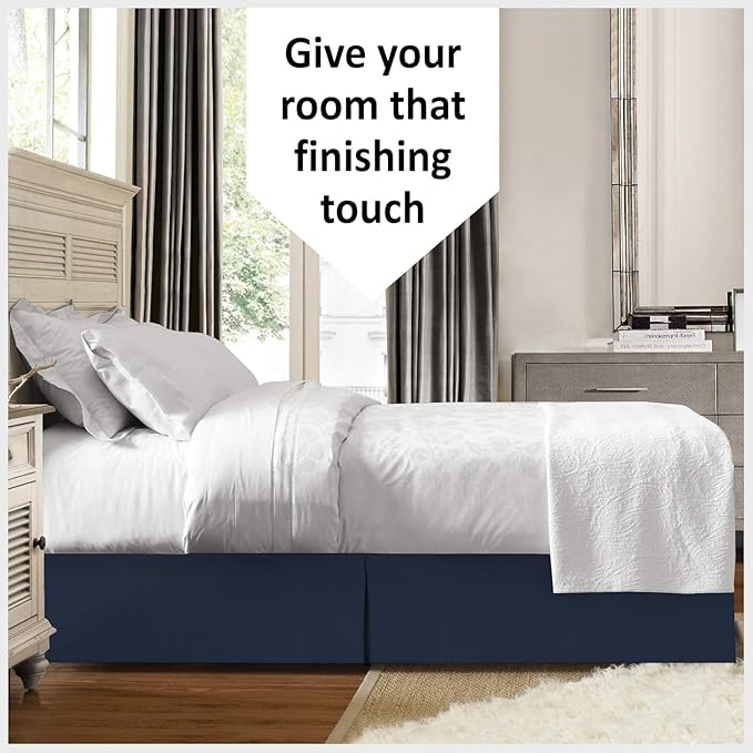 Bed Skirt - 100% Cotton 800 Thread Count Box Pleated Bed Skirt - Luxury Pleated Dust Ruffle, Hotel Quality Modern Bed Skirt, Easy Fit with 12 Inch Tailored Drop, Full, Navy Blue