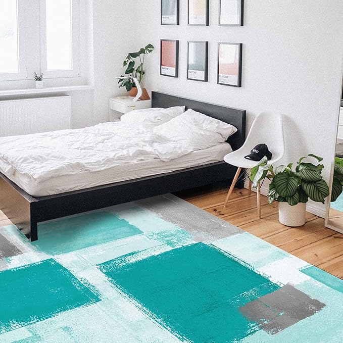 Teal Green Rectangular Area Rugs for Living Room Bedroom 2.8 x 5 ft Abstract Paint Texture Modern Art Non-Shedding Soft Low Pile Rug Non Slip Washable Rug for Nursery Entryway Playroom