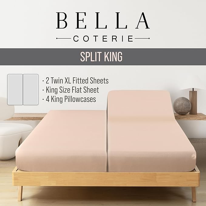 Bella Coterie 7 Piece Luxury Bamboo Viscose Split King Size Sheet Set | 2 Fitted Sheets for Adjustable Beds | 100% Organically Grown | Cooling for Hot Sleepers | 4 Pillowcases [Champagne]