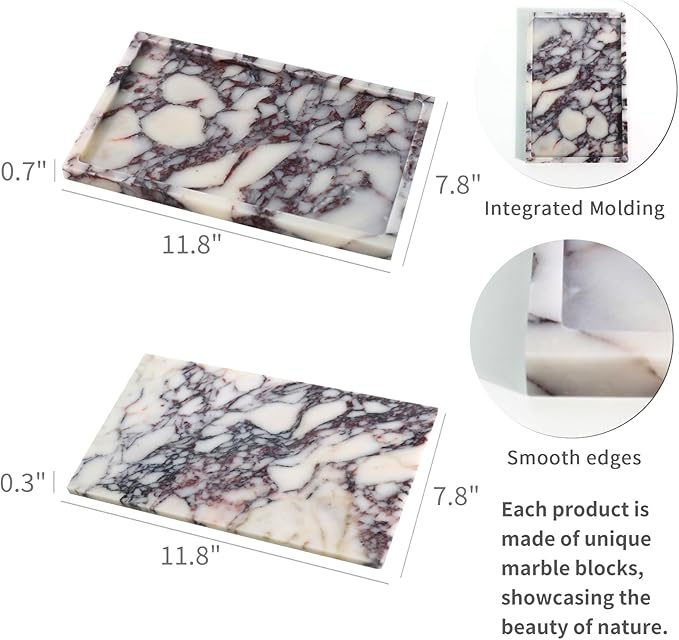 Real Luxurious Natural Marble Vanity Tray Genuine Marble Storage Tray for Home Decor Stone Tray for Bathroom/Kitchen/Vanity/Dresser Non-Resin/Non-Ceramic/Viola Tablet Set