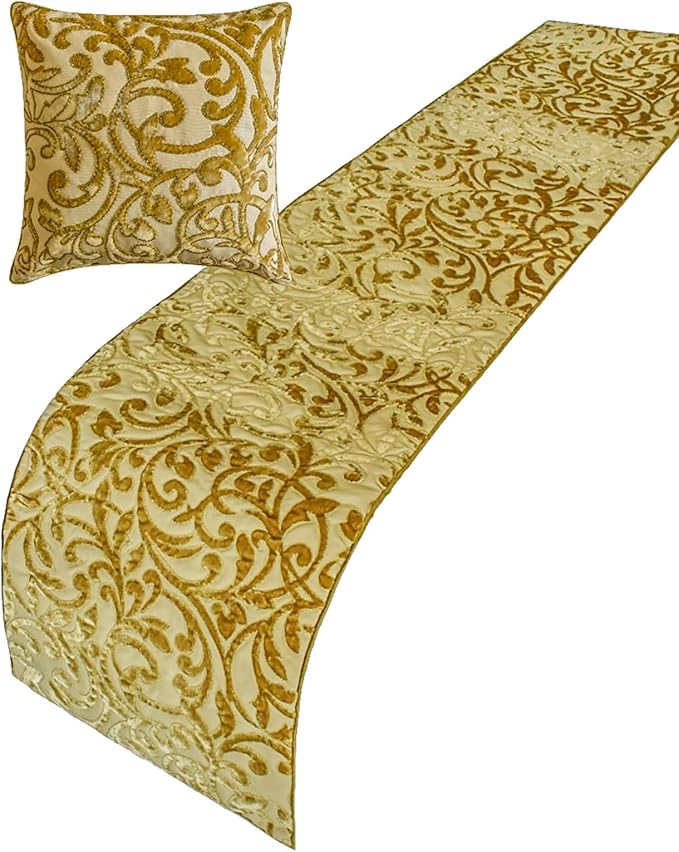 The HomeCentric King/Queen/Twin Beige Gold Decorative Bed Runner CA King 86"x18" Bed Runner with Two Pillow Cover, Cut Velvet, Beaded Bed Scarf on Velvet Fabric - Serene Symphony