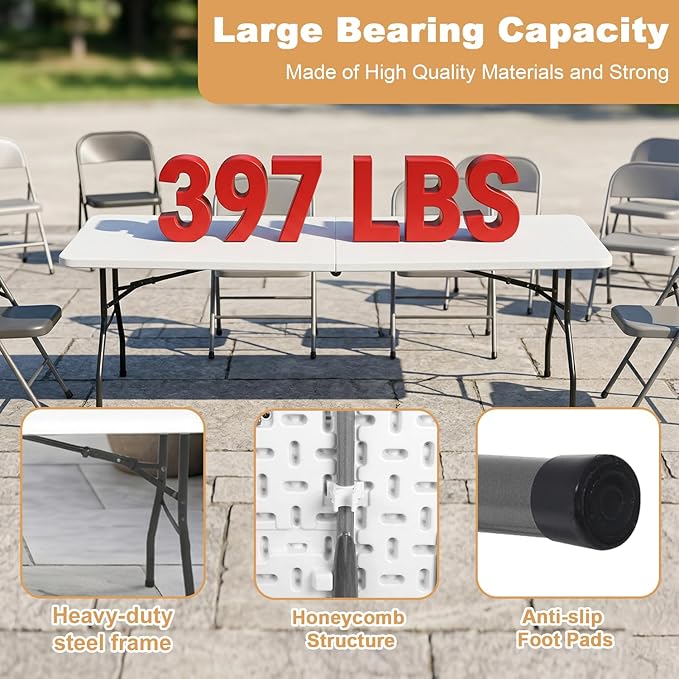 FDW 8FT Plastic Folding Table, Portable with Carrying Handle Perfect for Indoor, Outdoor, Party, Dining, Wedding, Events, Camping, White