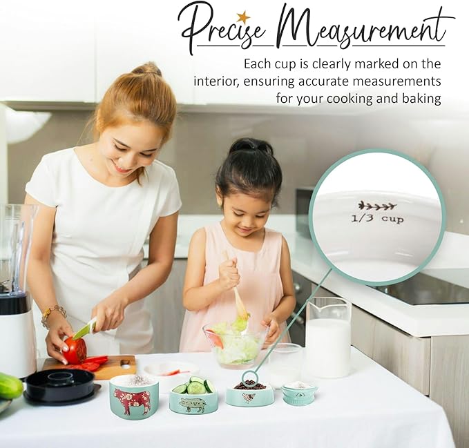 Pavilion Gift Company - 'Live Simply Bee, Chicken, Pig, and Cow' - 4-Piece Stoneware Measuring Cups Set, Sturdy Farmhouse-Style Kitchenware for Home Baking, Cooking, Gifting - Teal, 8 Ounces