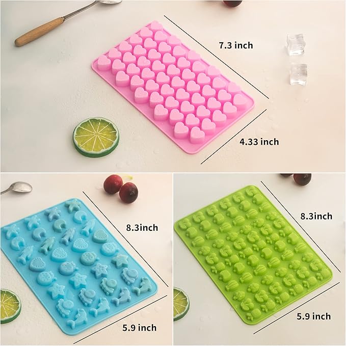 Vpqnee 3 Pack Mini Silicone Gummy Candy Chocolate Molds Contains Small Hearts, Fruits, Marine Animal Shapes and 2 Droppers for Making Gummy, Candy, Chocolate and Small Ice Cubes