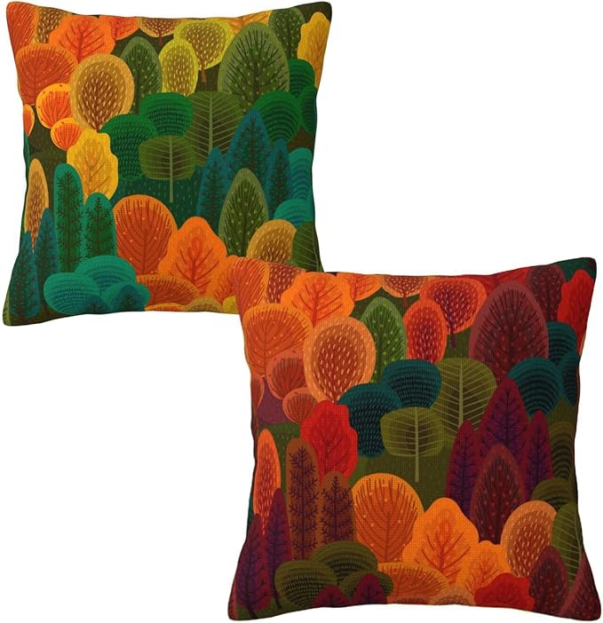 bassyil Fall Forest Throw Pillow Covers Decorative Linen Pillow Cases Set of 2 Square Cushion Cover for Couch Sofa Bedroom Patio 18x18 Inch
