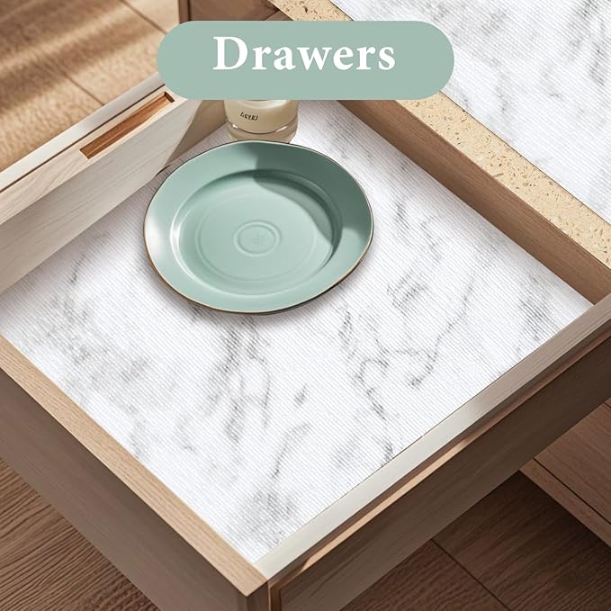 2-Layer Drawer and Shelf Liner for Kitchen Cabinet: 12 in X 20 Ft Non Slip Waterproof Shelf Paper Non Adhesive Refrigerator Liners White Marble Easy Liners for Bathroom with Knife Tape Measure