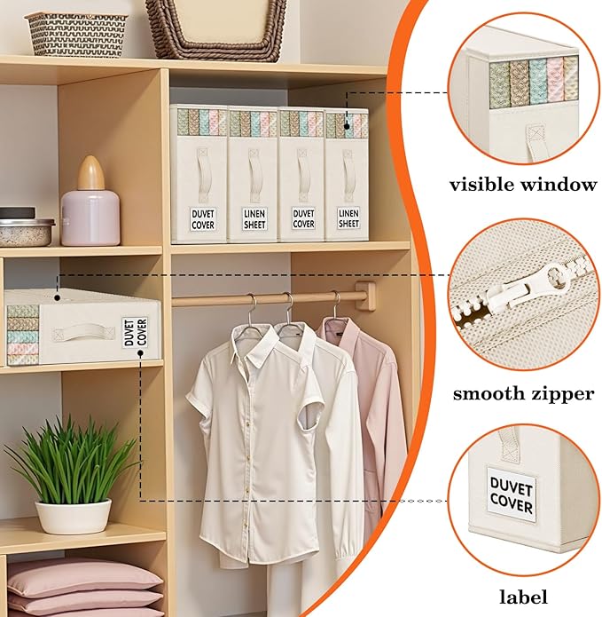 WOWBOX Sheet Organizers and Storage,Closet Bed Sheet Organizer Under Bed Storage and Organization with Label Cards & Clear Window for Bedding Sheets,Duvet Covers,Blankets (6 Pack，Beige)