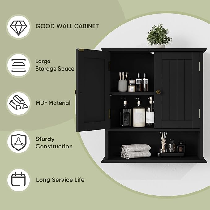 Smuxee Black Wall Cabinet, Small, 2-Door Medicine Cabinet with Adjustable Shelves, Over Toilet, For Kitchen and Laundry Rooms