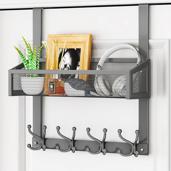 HapiRm Over The Door Hooks - Easy Installation Door Hanger with Basket and 16 Hooks, 304 Stainless Steel Storage Organizer for Towels, Coats, Bathroom, Kitchen, Dorm-Grey