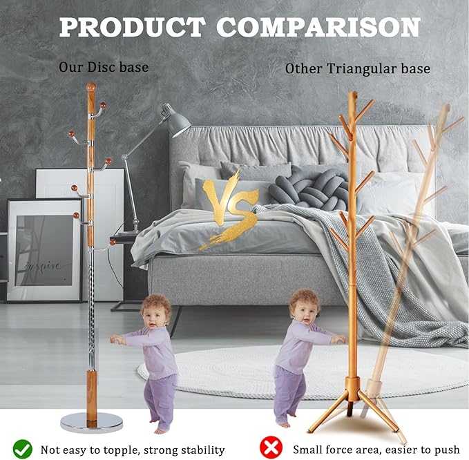 Coat Racks FreeStanding with 11 Hooks, Natural Wood Coat Rack with Solid Round Base, Adjustable Height Coat Racks, Easy Assembly for Hallway, Bedroom and Office (Solid Wood Metal Hook)