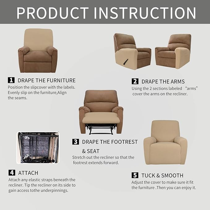 Easy-Going 4 Pieces Oversized Recliner Stretch Sofa Slipcover Sofa Cover Furniture Protector Couch Soft with Elastic Bottom Polyester Spandex Jacquard Fabric Small Checks Sand X-Large