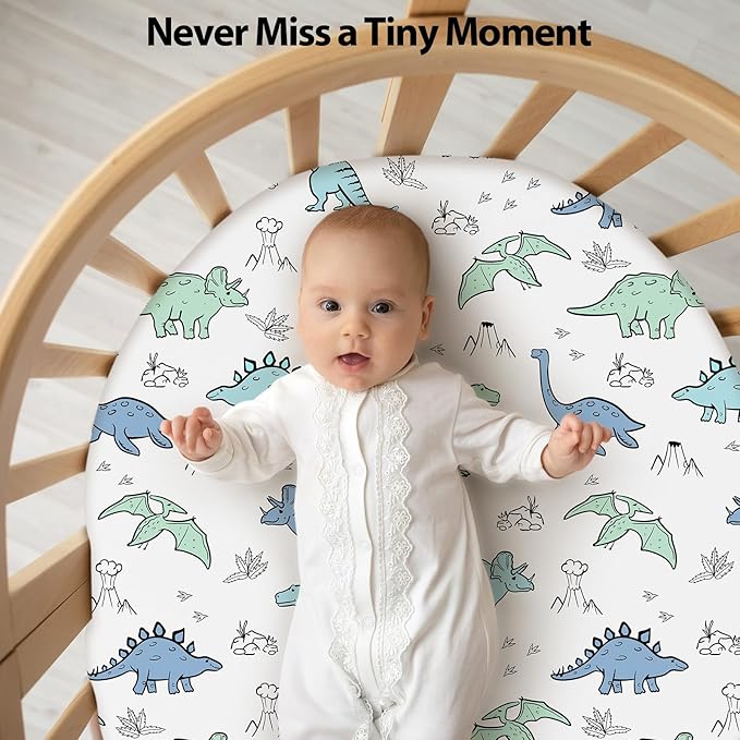 Baby Bassinet Sheets Girl Boy, Fitted Bassinet Sheet Set 3 Pack Bassinet Mattress Sheets Universal Fit for Rectangle, Round, Oval, Hourglass Mattress, Soft Breathable Green & Blue Dinosaur