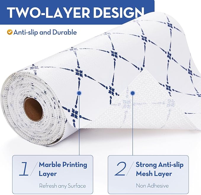 Drawer Shelf and Cabinet Liner, Thick Strong Grip,Shelf Liners Non-Adhesive Liners Protect Kitchen Cabinets and Cupboard, Bathroom Drawers,Under Sink Mat, 12" x10', Blue Stripe