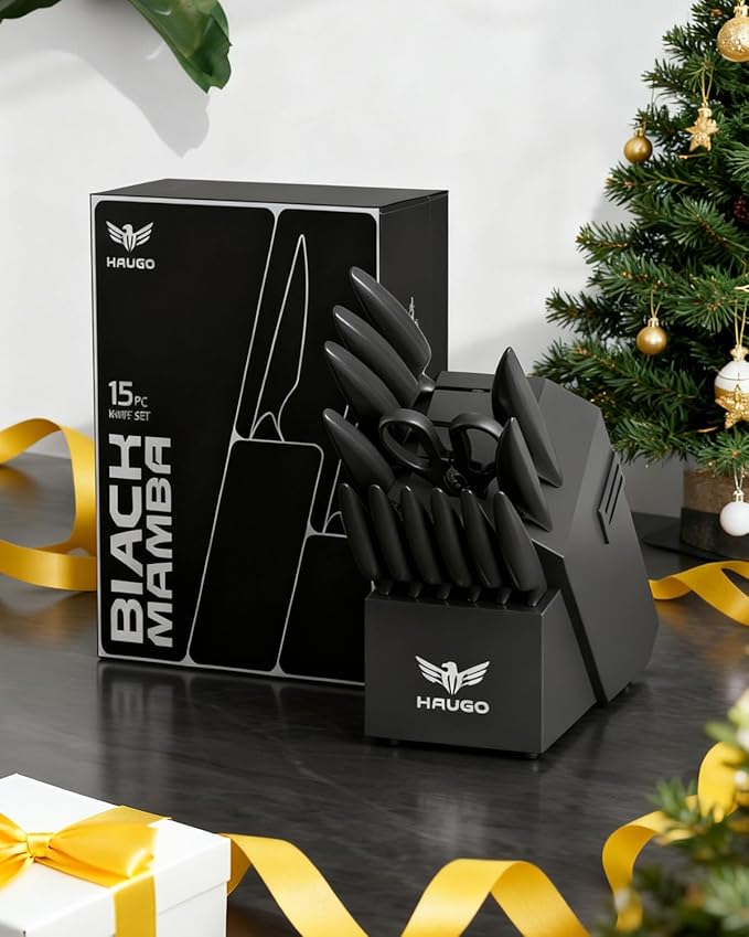 Haugo Kitchen Knife Set with Block: 15-Piece High Carbon Stainless Steel Professional Knives - Dishwasher Safe with Sharpener - Comfortable Grip Reduces Hand Fatigue 30% - Black