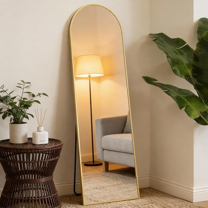 NEWBULIG 59"x16" Arched Full Length Mirror, Full Body Floor Mirror with Aluminum Alloy Thin Frame, Wall or Standing Mirror for Bedroom, Living Room, Dressing Room, Gold-Arched