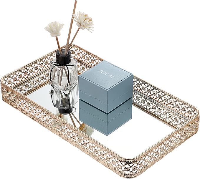 ELLDOO Gold Perfume & Makeup Vanity Tray - Hollow-Carved Jewelry Storage, Glass & Metal Trinket Organizer for Dresser & Bathroom Countertop, Large Size
