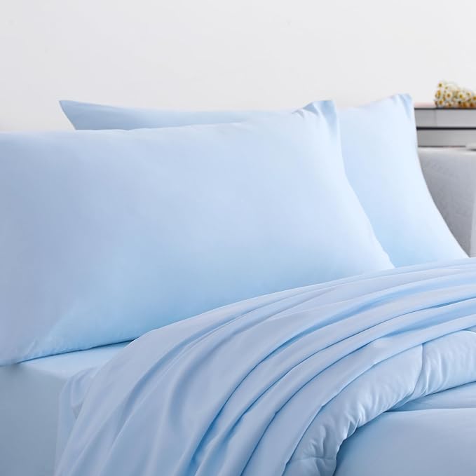 NTBAY Twin Comforter Set with Sheets, 5 Pieces Soft and Breathable Bedding Set, Twin Bed in a Bag, Down Alternative Comforter Set Solid Color All Season, Kids Bedding Set, Aqua