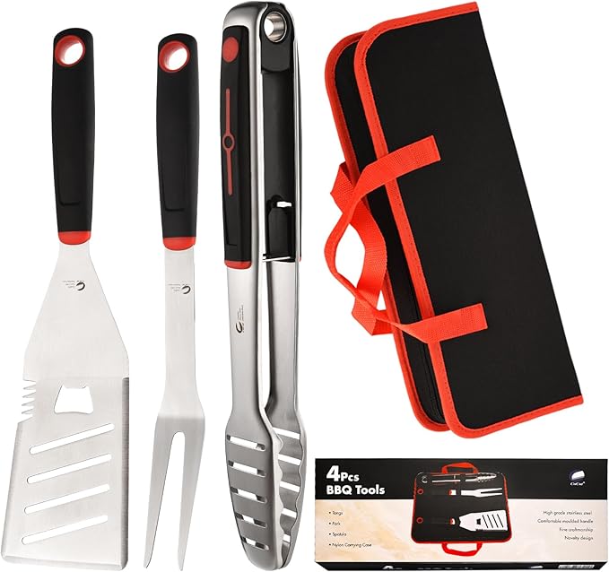 CuCut BBQ Tools Set, 4 PCS Heavy Duty Stainless Steel Spatula, Fork, Tongs with Portable Bag, Essential Accessories for Barbecue Outdoor Grill, Grilling Gifts for Men Dad Camp Chef