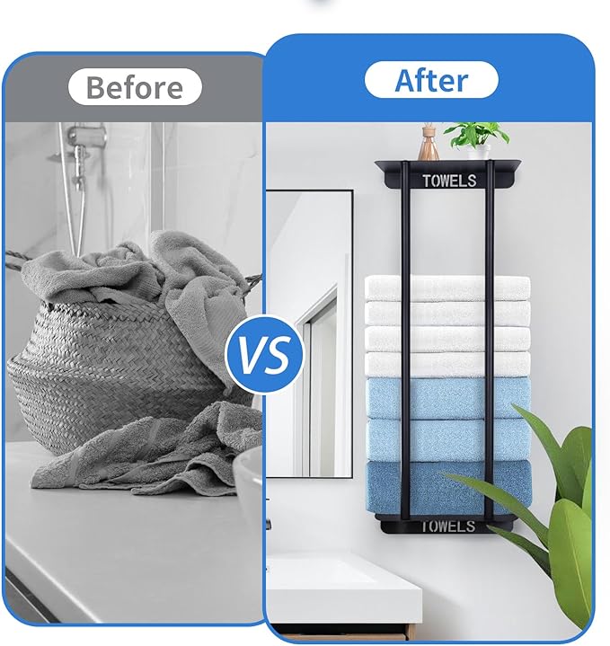 Bathroom Towel Storage Rack,30 Inch Towel Racks for Bathroom Wall Mounted with Shelf Can Holds 8 Large Towels, Metal Wall Towel Rack for Rolled Towels,Folded Towels (Black)