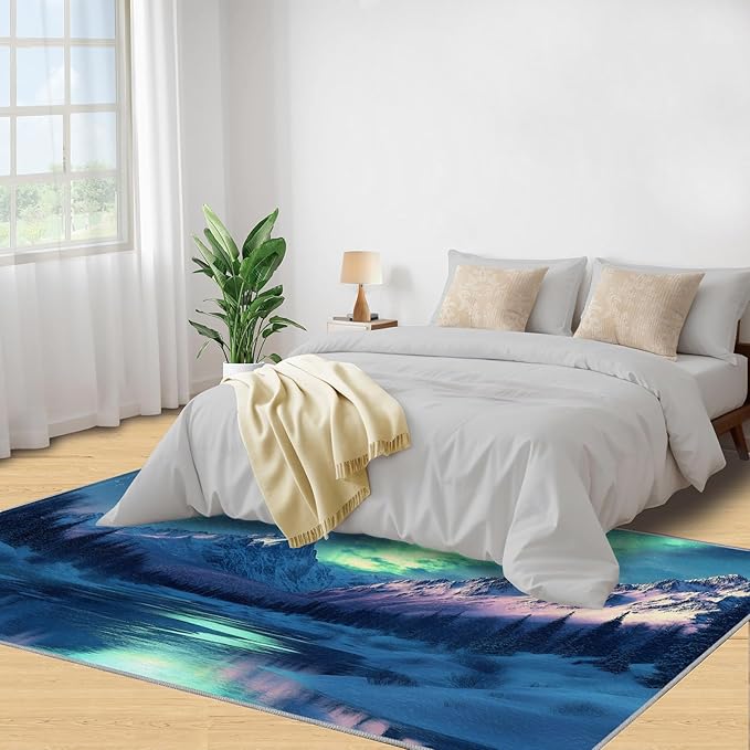 5x6 Snowy Mountains Rugs for Office - Aurora Borealis Living Room Carpet, Polar Landscape Bedroom Area Rug Kids Low Pile Rug for Indoor Outdoor Hardwood Floors Home Decor