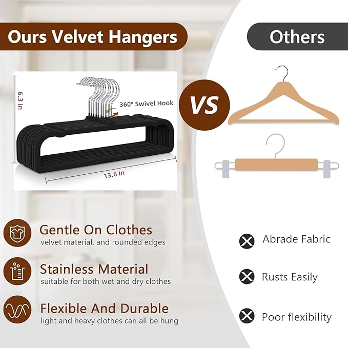 100 Pack Velvet Hangers Non Slip, Felt Pants Hangers Thin Space Saving Clothes Hanger Flocked Strong Durable Ganchos para Colgar Ropa with 360°Swivel Hook for Pants Jeans Shorts Tank Top, Black