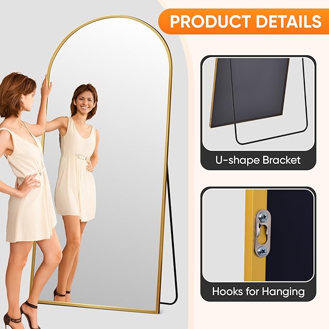 Suidia Full Length Mirror, 78"x38" Floor Standing Mirror Freestanding, Full Body Mirrors with Stand for Bedroom, Hanging Mounted for Living Room Cloakroom, Gold, Arched Style