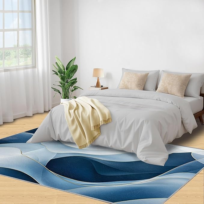 5x7 Abstract Lines Rugs for Bedroom - Blue-White-Waves Print Rug, Modern Abstract Rug Non Slip Soft Rugs for Living Room Hardwood Floors Teen Room