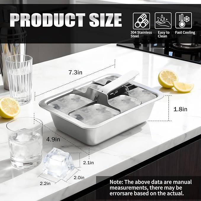 YeQIENGC Stainless Steel Ice Cube Trays with Lever - 6 Large Cube Mold for Whiskey & Cocktails, Professional Heavy Duty Metal Freezer Tray, Non-Toxic & Easy Release for Kitchen & Bar Use