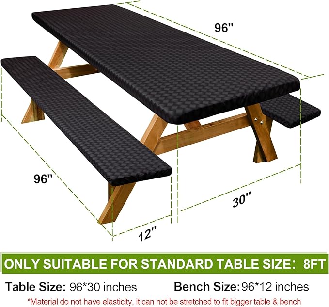 Picnic Table Cover with Bench Covers Camping Essentials Waterproof Windproof Camping Tablecloth with Drawstring Bag, Fitted Rectangle Tables and Seats, 96in, Black