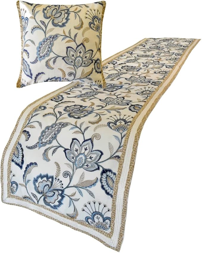 The HomeCentric King/Queen/Twin Blue Designer Full 68"x18" Bed Runner with 2 Pillow Cover, Floral, Embroidered, Jute Lace & Lace Bed Scarf on Cotton Fabric - Morning Glories