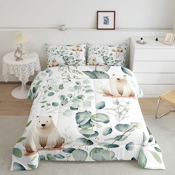 Erosebridal Boys Cartoon Animal King Bedding Sets for Kids Toddler Kawaii Polar Bear Comforter Set, Arctic Wildlife Duvet Insert White Green Down Comforter, Botanical Eucalyptus Bedding Comforter Sets