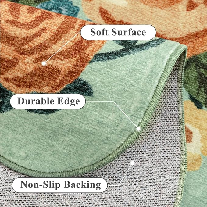 Washable Floral Area Rug 2x3 Green Small Entryway Carpet Scalloped Flower Non Slip Soft Entrance Door Mat Farmhouse Low Pile Indoor Thin Floor Cover for Bathroom Kitchen Bedroom Laundry Room