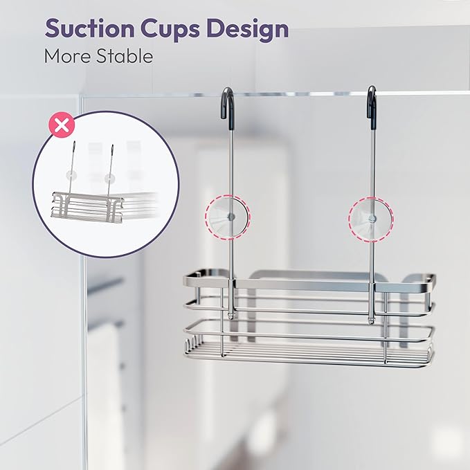 SWTYMIKI Shower Caddy Hanging Organizer - Over the Door Shower Caddy with 6 Hooks, 2 Installation Ways, Stainless Steel Rustproof Bathroom Organizer, Sand Nickel