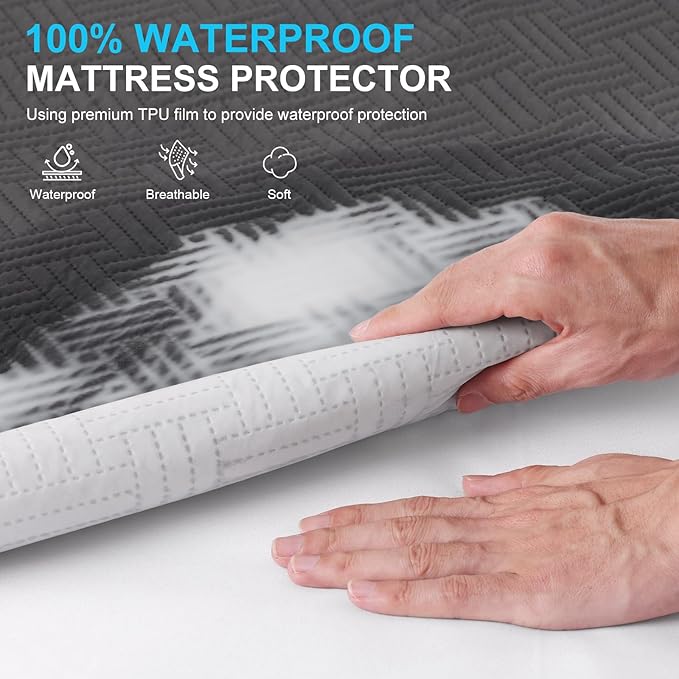 Waterproof Mattress Protector Twin XL Size - Breathable, Noiseless, Ultra-Soft Bed Cover, Mattress Pad Cover with Deep Stretchable Pockets 8"-21" (Gray)