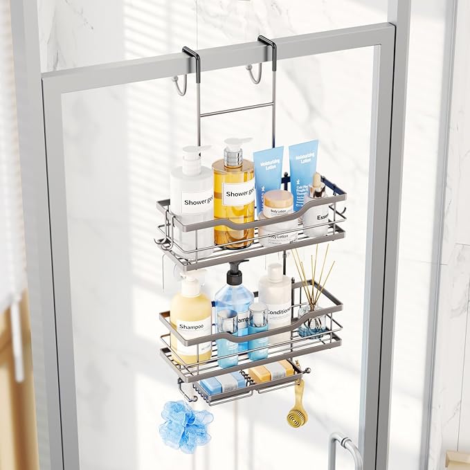 Consumest Over The Door Shower Caddy - 3 Tier Shower Organizer Hanging with Soap Holders, Large Capacity Shower Shelves with 6 Hooks, Bathroom Rack and Storage, Sand Nickel