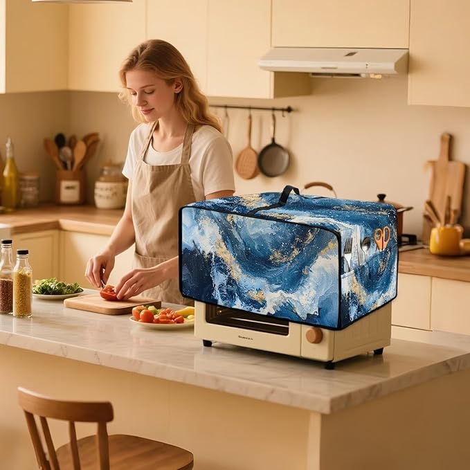 Blue Golden Marble Texture Print Microwave Oven Cover Dust-Proof Polyester-Linen Fabric Toaster Oven Cover Easy to Clean Microwave Grill Cover Protector with Top Handle, L