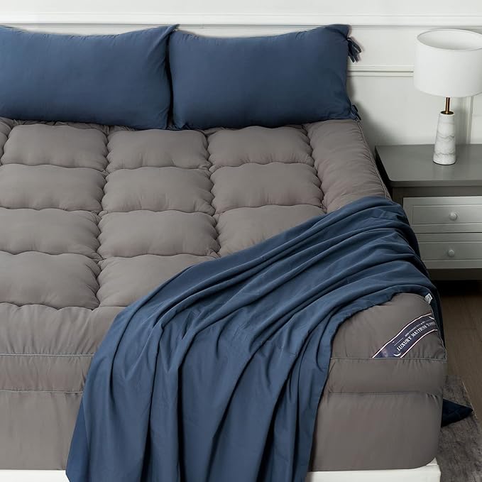 Marine Moon Mattress Topper Queen, Marine Moon Cooling Bed Topper Cover, Thick Soft Pillow Top Mattress Pad, Plush Hotel Down Alternative Mattress Topper with 8-21" Deep Pocket, Grey