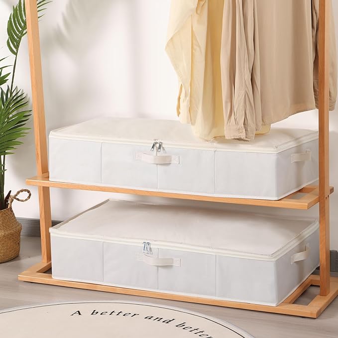 Underbed Storage Organizers, Container Bags with Lids, Storage Boxes With Sturdy Structure and Reinforced Handles, Beige, 3 Pack, 31.5 x 15.7 x 5.9 Inch
