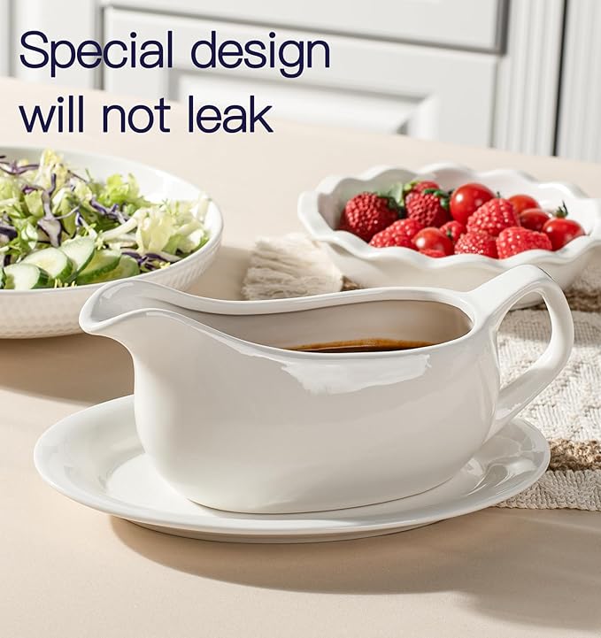 Dizada Gravy Boat with Saucer 19 Oz Set of 2 - White Porcelain Gravy Bowl, Ceramic Sauce Dispenser for Turkey, Dressing, Creamer, Microwave Dishwasher Safe