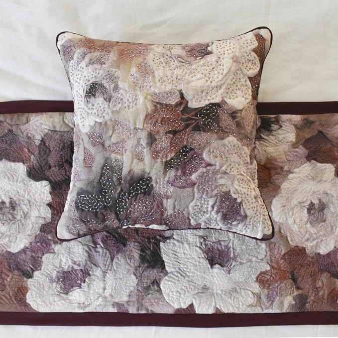The HomeCentric King/Queen/Twin Purple Decorative King 90"x18" Bed Runner with One Pillow Cover, Floral, Roses, Bead Embroidery & Handmade Bed Scarf on Jacquard Fabric - Wood Rose