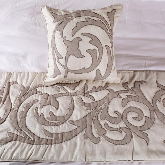The HomeCentric Decorative Ivory & Beige King 90 x 18 inch Bed Runner Without Pillow Cover, Linen Lurex Applique Bed Scarf, Abstract Modern - Pretty Dainty