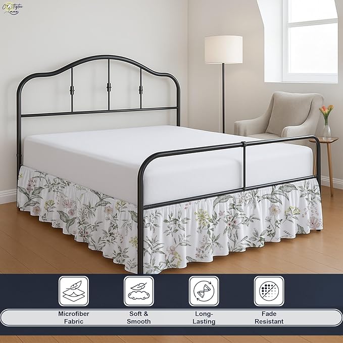 Cottington Lane Ruffled Bed Skirt Full Size with Split Corner, Brushed Microfiber Hotel Quality Dust Ruffle, 24 Inch Drop Gathered Bedskirt, Soft, Stylish, Shrink & Fade Resistant, Morning Petals