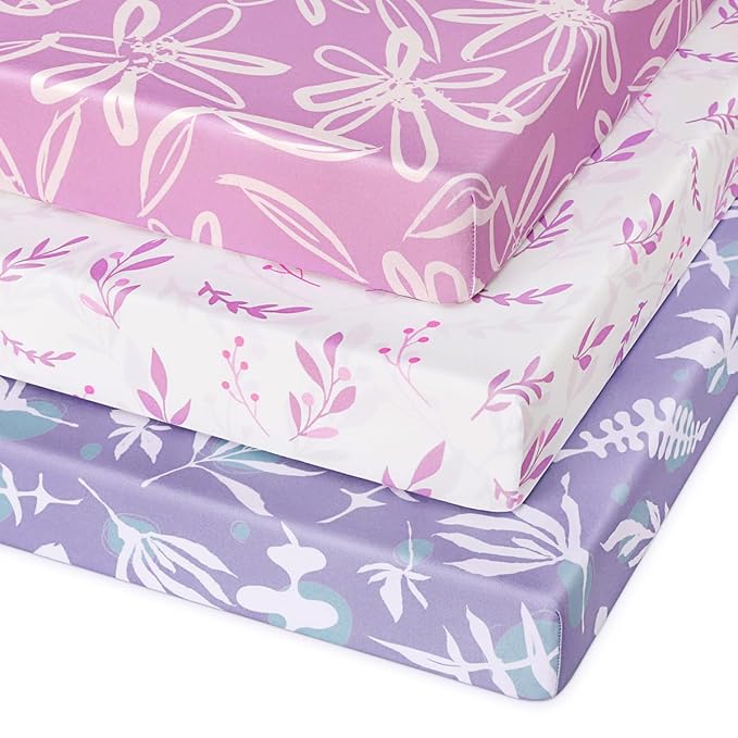 Pack and Play Sheets Fitted 3 Pack, Mini Crib Sheets for Pack N Play Mattress Stretchy Portable Playard Sheets, Soft Breathable Purple Leaf