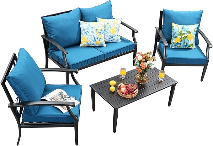 4 Piece Outdoor Patio Furniture Set, Oversized Metal Conversation Set