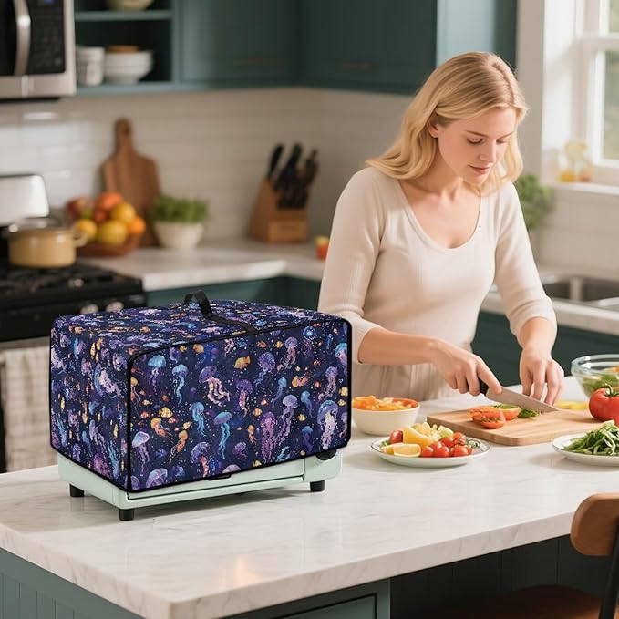 Jellyfish Clownfish Bubble Print Microwave Oven Cover Dust-Proof Fabric Toaster Oven Covers Easy to Clean Foldable Microwave Oven Grill Cover Protector with Top Handle, S