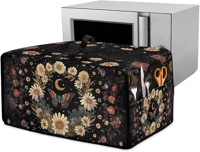Vintage Daisy Butterfly Moon Print Toaster Oven Cover with Storage Bags Dust Cover for Microwave Oven Polyester-Linen Small Appliance Dust Covers Fits Most Microwaves, M