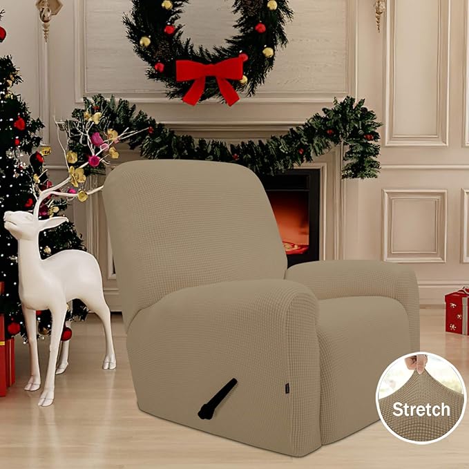 Easy-Going Recliner Stretch Sofa Slipcover Sofa Cover 4-Pieces Furniture Protector Couch Soft with Elastic Bottom Kids Spandex Jacquard Fabric Small Checks(Recliner,Tan,Large)